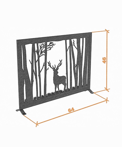 Misure di ingombro del parascintille di design per il caminetto raffigurante un cervo nel bosco