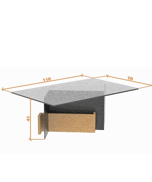 Overall dimensions of the Ambiez design coffee table with tempered glass top and bent metal body and brushed ash table reminiscent of the silhouette of the mountains