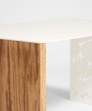 Tunupa coffee table of high craftsmanship design in solid oak and metal folded and decorated by hand