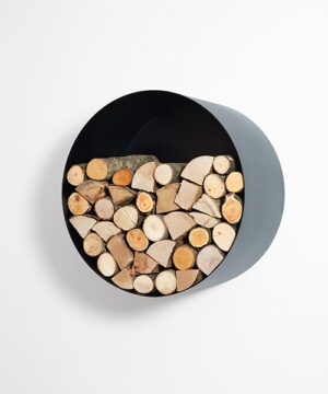 Giotto circle log holder with large load of wood with a modern design to hang on the wall
