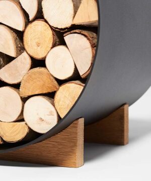 Luuna log holder for fireplace with large load of wood with modern design and semi-circular shape with oak wood feet