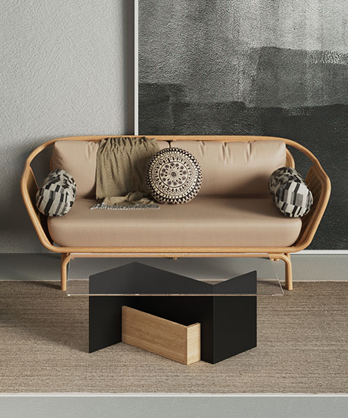 Ambiez design coffee table with tempered glass top and folded metal body and brushed ash table recalls the silhouette of the mountains set in a room over a carpet