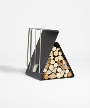 Puuc log holder for fireplace with a large load of wood with a modern design and complete with tools